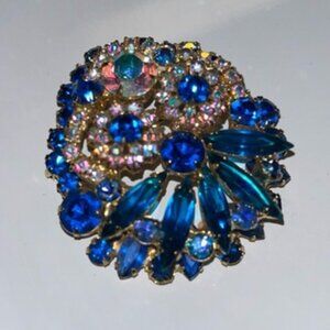 Vintage 1950's Blue and Gold Fan Brooch with Sapphire Accents (Owl)